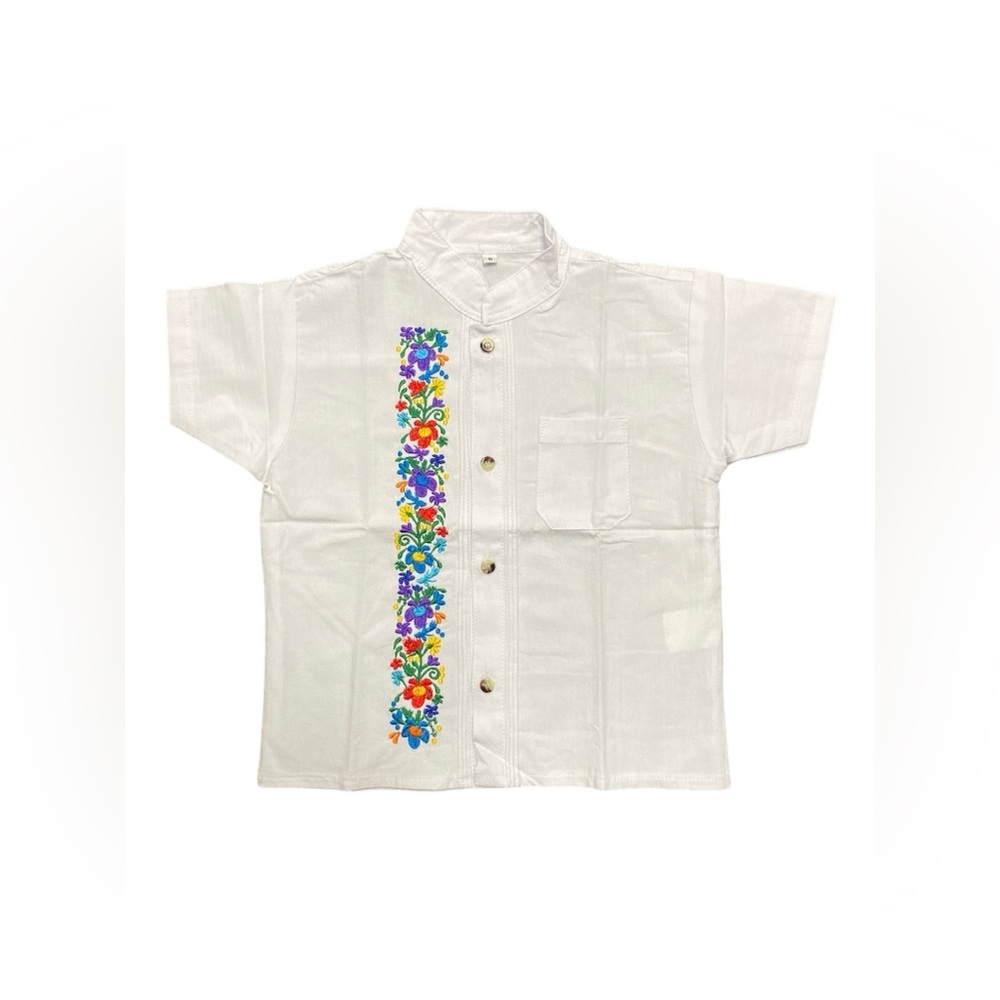 Cancún Mexican Boys White Linen Guayabera with Floral Embroidery